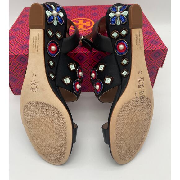 TORY BURCH BEADED BLACK WEDGE SANDALS ANKLE STRAP 7! - Picture 10 of 11